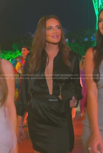 Meredith’s black logo print mini skirt on The Real Housewives of Salt Lake City