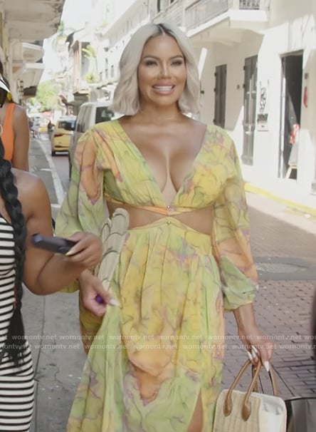 Mia’s yellow floral cutout dress on The Real Housewives of Potomac