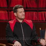 Michael Buble’s black mixed media bomber jacket on Access Hollywood
