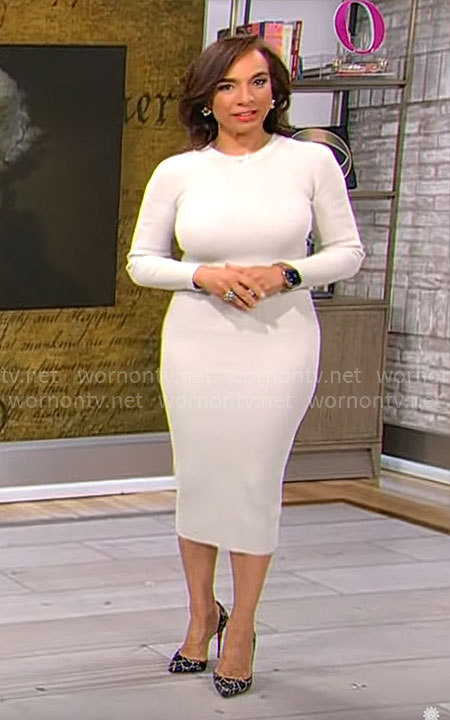 Michelle Miller’s white rib knit dress on CBS Mornings