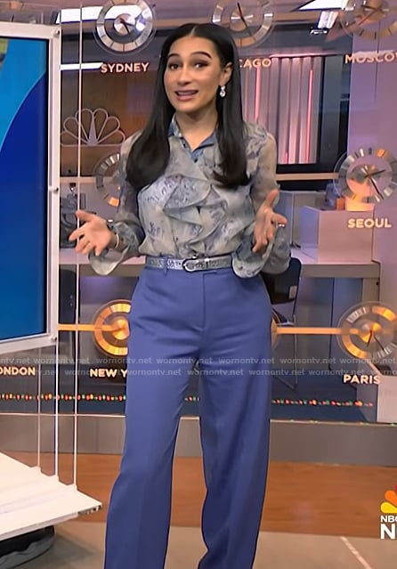 Morgan’s blue ruffle print blouse on NBC News Daily