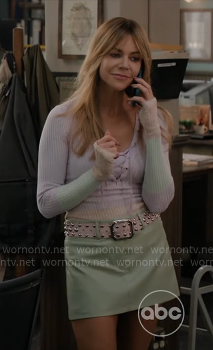 Morgan’s colorblock lace-up top and mint green leather mini skirt on High Potential