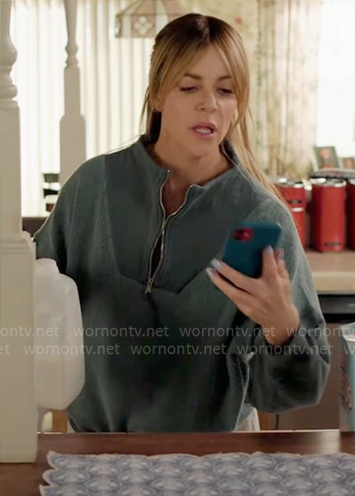 Morgan’s teal green fleece zip pullover on High Potential