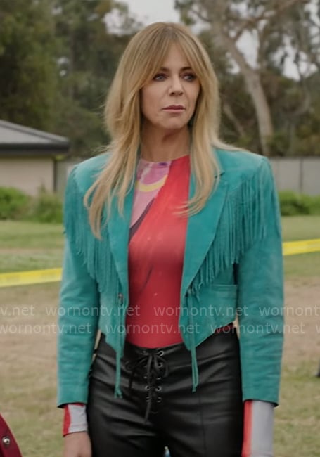 Morgan’s teal fringed leather jacket on High Potential