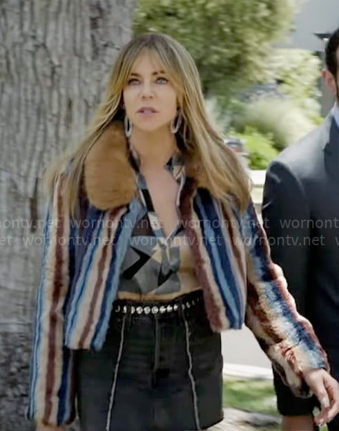 Morgan’s blue striped fur jacket on High Potential