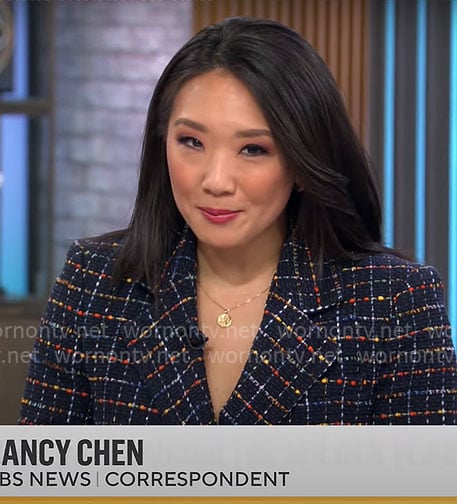 Nancy Chen’s black tweed blazer on CBS Mornings
