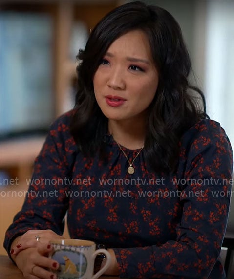 Nancy Chen’s black and red floral top on CBS Mornings