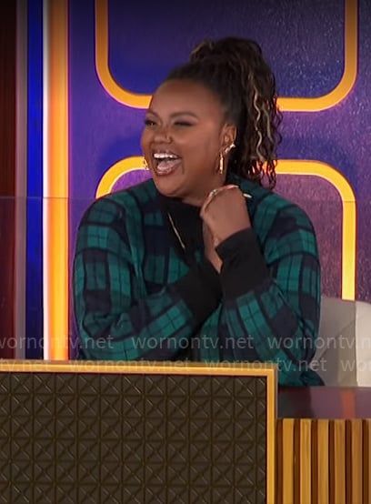 Nicole Byer’s green plaid cardigan on Hollywood Squares
