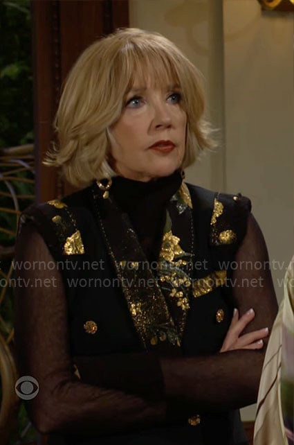 Nikki’s embellished vest and black turtleneck top on The Young and the Restless