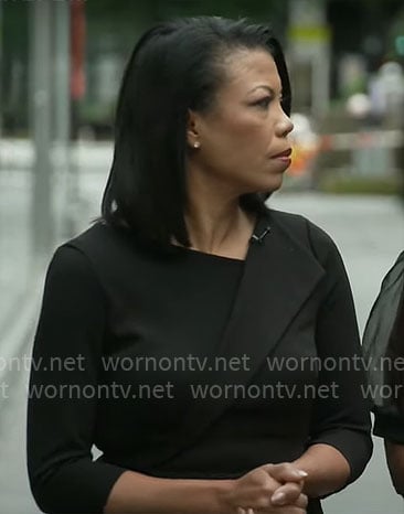 Nikole Killion’s black asymmetric neckline dress on CBS Mornings