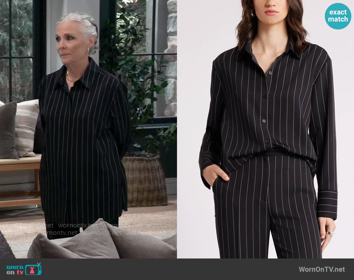 Nordstrom Pinstripe Stretch Twill Button-Up Shirt worn by Tracy Quartermaine (Jane Elliot) on General Hospital