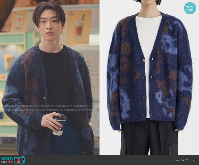Obscura Floral Mohair Cardigan in Navy worn by Min Ho Moon (Sang Heon Lee) on XO Kitty