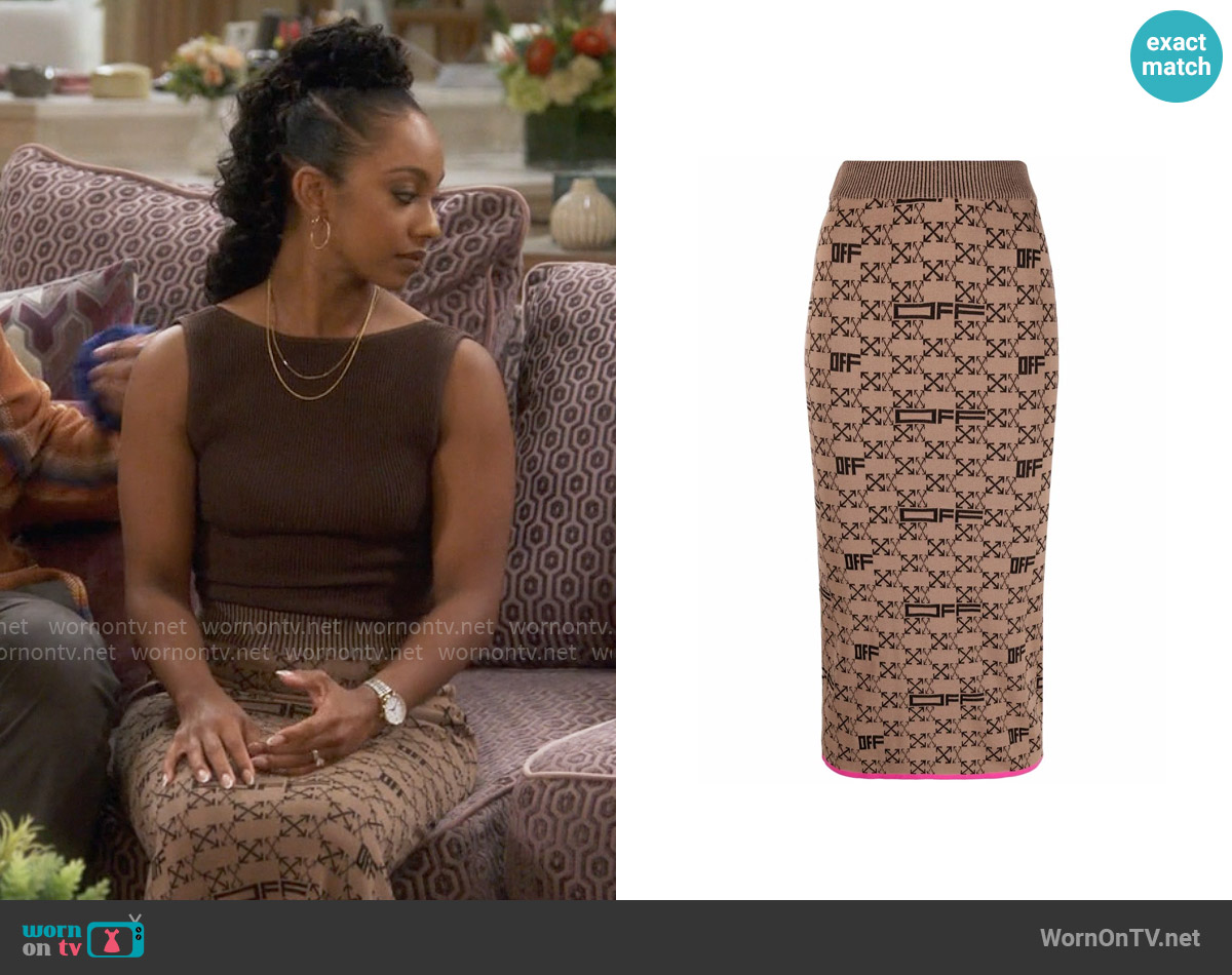 Off White Intarsia-knit Arrows-logo Pencil Skirt worn by Nina (Tetona Jackson) on Poppas House