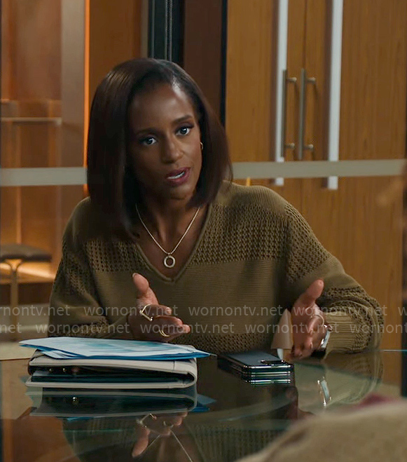 Olympia’s olive green crochet panel sweater on Matlock
