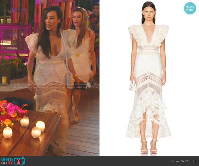 PatBO Woven Trim Plunge Bodysuit in Wheat worn by Angie Katsanevas on The Real Housewives of Salt Lake City