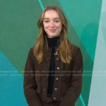 Phoebe Dynevor’s brown suede jacket and mini skirt on Today