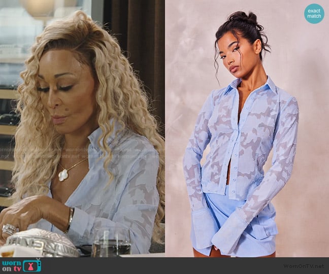 Pretty Little Thing Baby Blue Textured Floral Fitted Shirt worn by Karen Huger on The Real Housewives of Potomac