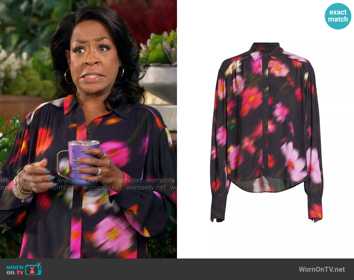 Rag & Bone Aubrey Blouse in Black Floral worn by Tina Butler (Tichina Arnold) on The Neighborhood