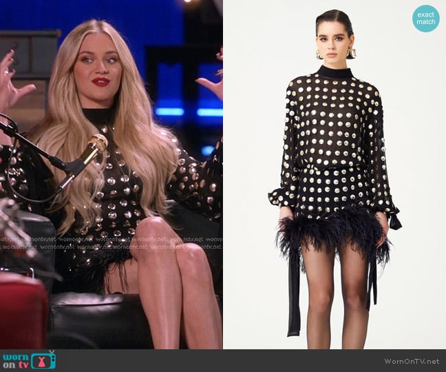 Raisa Vanessa Polka Dot Detailed Silk Chiffon Mini Skirt With Fur Finishing worn by Kelsea Ballerini on The Voice