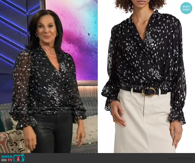 Ramy Brook Levi Polka Dot Blouse worn by Emily Kaufman on The Kelly Clarkson Show
