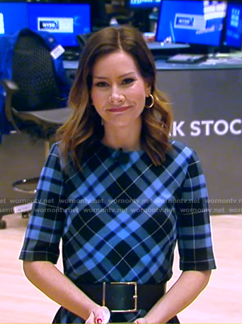 Rebecca Jarvis’s blue plaid midi dress on Good Morning America