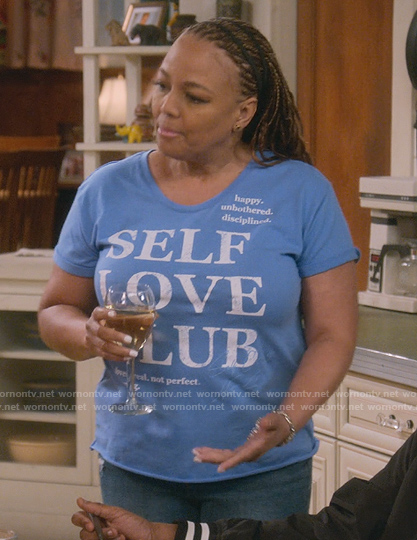 Regina’s blue Self Love Club print tee on The Upshaws