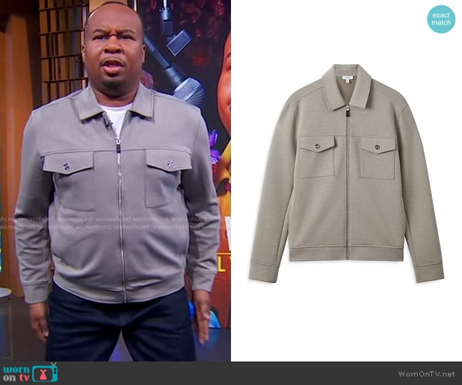 Reiss Medina Interlock Full Zip Jacket in Taupe worn by Roy Wood Jr. on Good Morning America
