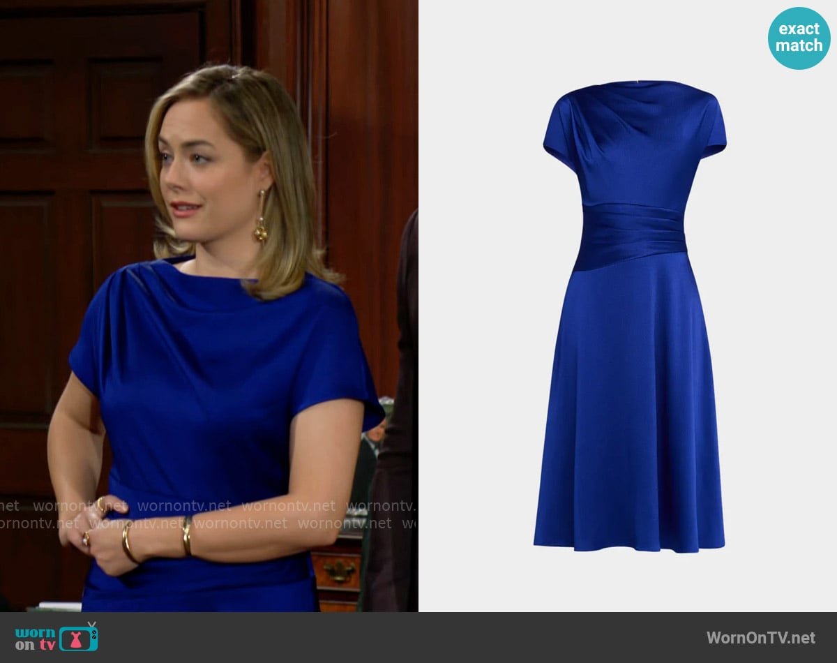 Rickie Freeman for Teri Jon Pleated Hammered Satin Midi Dress worn by Hope Logan (Annika Noelle) on The Bold and the Beautiful