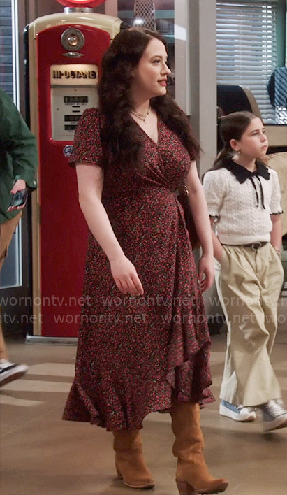 Riley’s black and red floral wrap dress on Shifting Gears