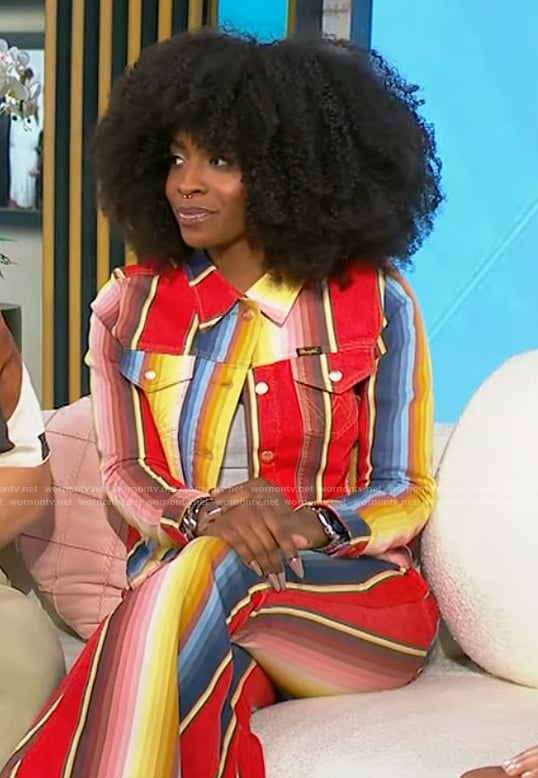Rinny Perkins’ stripe denim jacket and pants on Tamron Hall Show