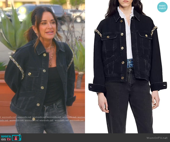 Sandro Paloma Embellished Denim Jacket worn by Kyle Richards on The Real Housewives of Beverly Hills