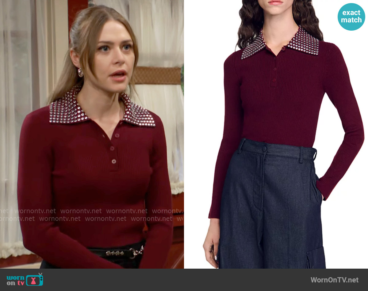 Sandro Elvis Sweater in Bordeaux worn by Claire Grace (Hayley Erin) on The Young and the Restless