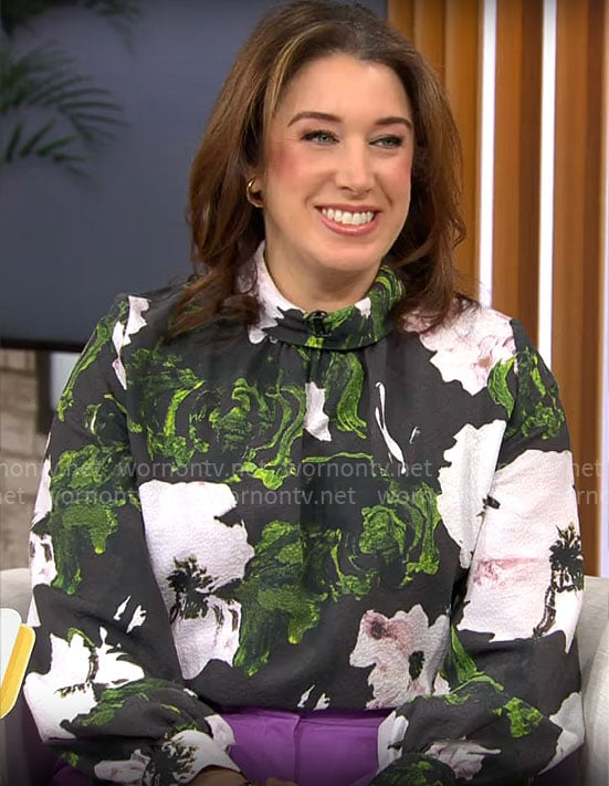 Sarah Gelman’s large floral print blouse on CBS Mornings