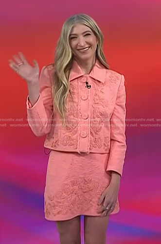 Sarah Hoover’s pink embroidered jacket and mini skirt on Today