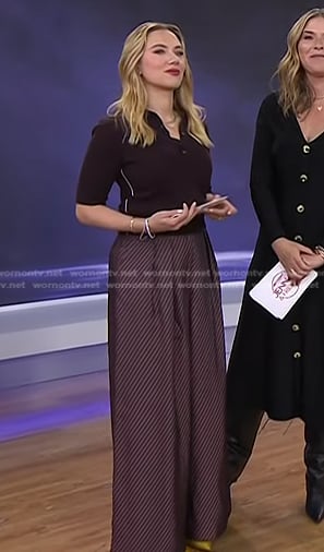 Scarlett Johansson’s maroon polo top and stripe wide-leg pants on Today