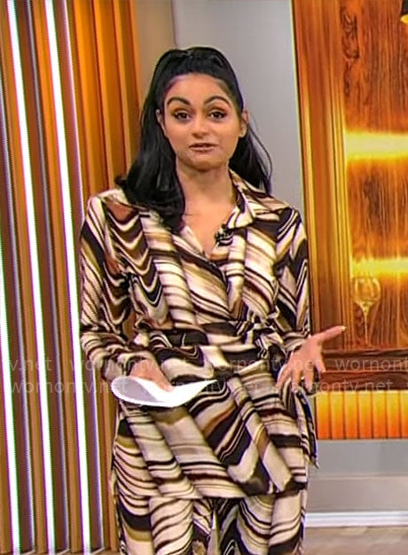 Shanelle Kaul’s brown marble print wrap top and pants set on CBS Mornings