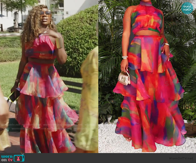 Shein Slayr Valentines Tie Dye Halter Top and Tiered Ruffle Skirt worn by Wendy Osefo on The Real Housewives of Potomac