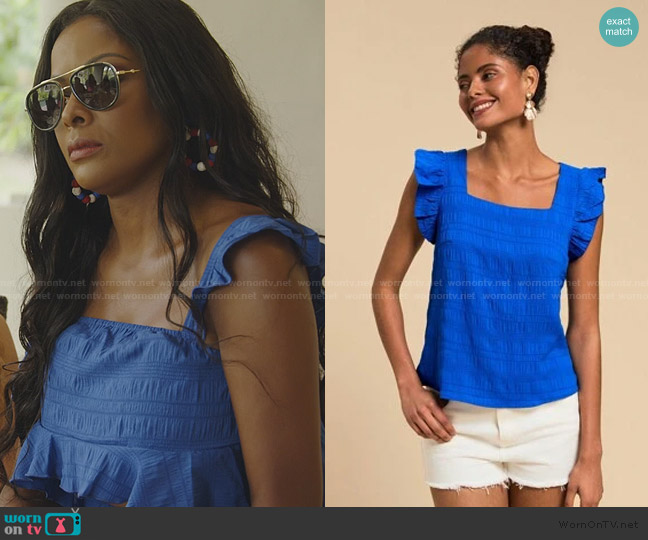 Shein Travachic Square Neck Ruffle Trim Blouse worn by Stacey Rusch on The Real Housewives of Potomac