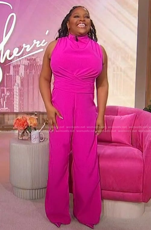 Sherri’s pink drape neck jumpsuit on Sherri