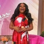 Sherri’s red printed top and skirt on Sherri
