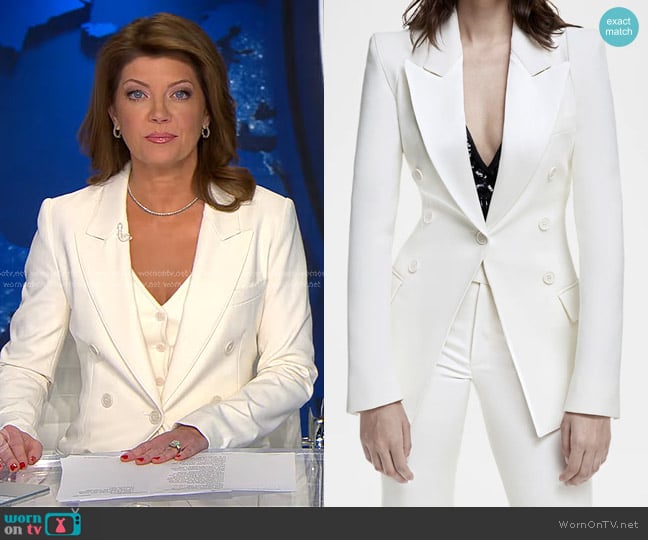 Smythe Tuxedo Pagoda Blazer in Ivory pique worn by Norah O'Donnell on CBS Evening News