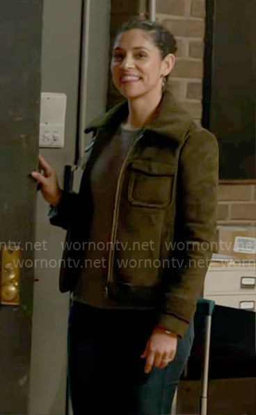 Stella’s green suede jacket on Chicago Fire