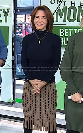 Stephanie Ruhle’s navy button cuff turtleneck and beige skirt on Today