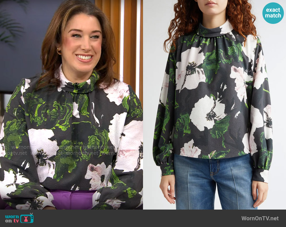 Stine Goya Floral Print Gathered Top worn by Sarah Gelman on CBS Mornings