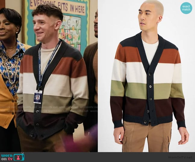 Sun + Stone Charles Colorblocked Button-Front Cardigan Sweater worn by Jacob Hill (Chris Perfetti) on Abbott Elementary