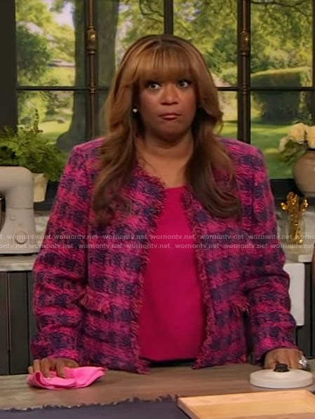 Sunny Anderson’s pink tweed check blazer on The Drew Barrymore Show