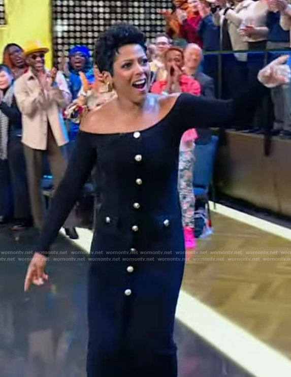 Tamron’s black button front off shoulder dress on Tamron Hall Show