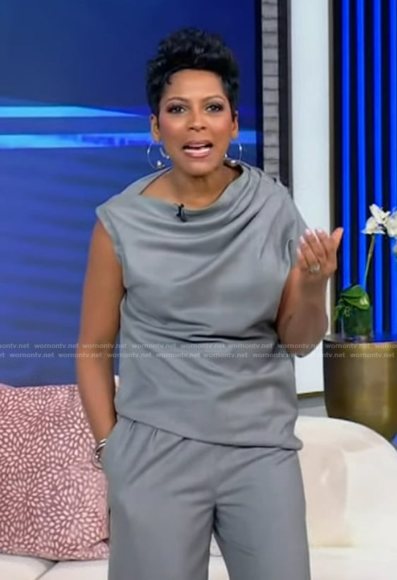 Tamron’s gray gathered top and pants on Tamron Hall Show