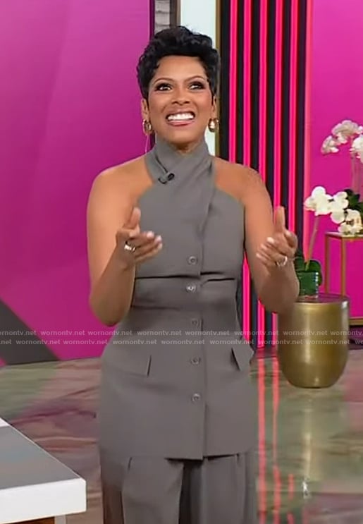 Tamron’s gray halter neck top and pants on Tamron Hall Show