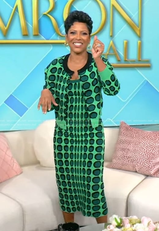 Tamron’s green knit dot print cardigan and dress on Tamron Hall Show